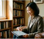 Psikiater profesional sedang menyusun strategi personal branding etis dan materi psikoedukasi digital