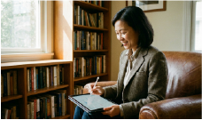 Psikiater profesional sedang menyusun strategi personal branding etis dan materi psikoedukasi digital