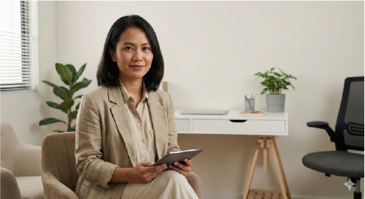 Psikolog profesional menggunakan website praktik digital untuk manajemen klinik dan jadwal pasien.