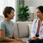 Dokter psikiater berkonsultasi dengan pasien menggunakan sistem manajemen klinik digital.