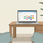 Ilustrasi ruang konsultasi psikologi modern dengan sistem manajemen klinik digital pada laptop