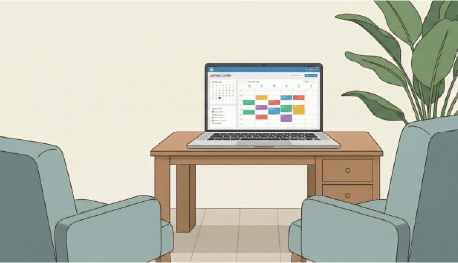 Ilustrasi ruang konsultasi psikologi modern dengan sistem manajemen klinik digital pada laptop