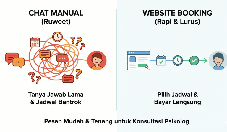 Perbandingan sistem booking otomatis website psikolog dengan manajemen jadwal manual via chat WhatsApp.