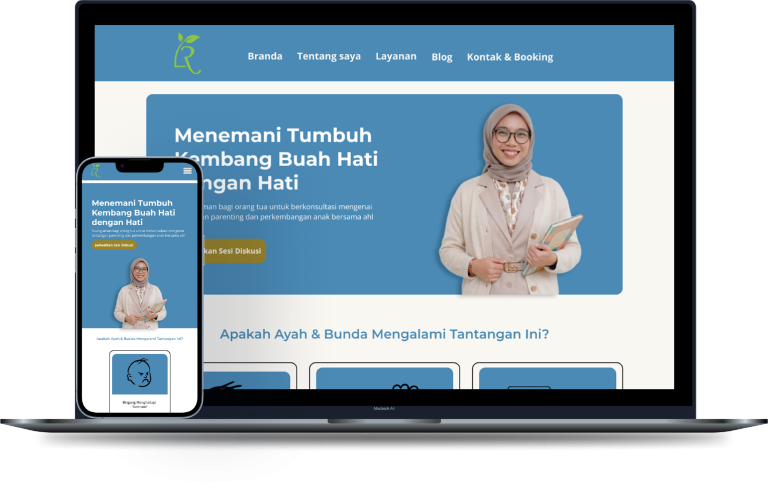 Mockup MacBook Air menampilkan desain website psikolog anak Ratih Kumala dengan sistem booking otomatis, hasil karya zfn6website